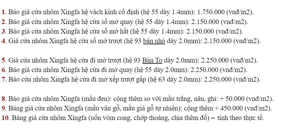 Một mẫu báo giá cửa nhôm Xingfa Quảng Đông chính hãng của Việt Phong đã bao gồm chi phí lắp đặt.